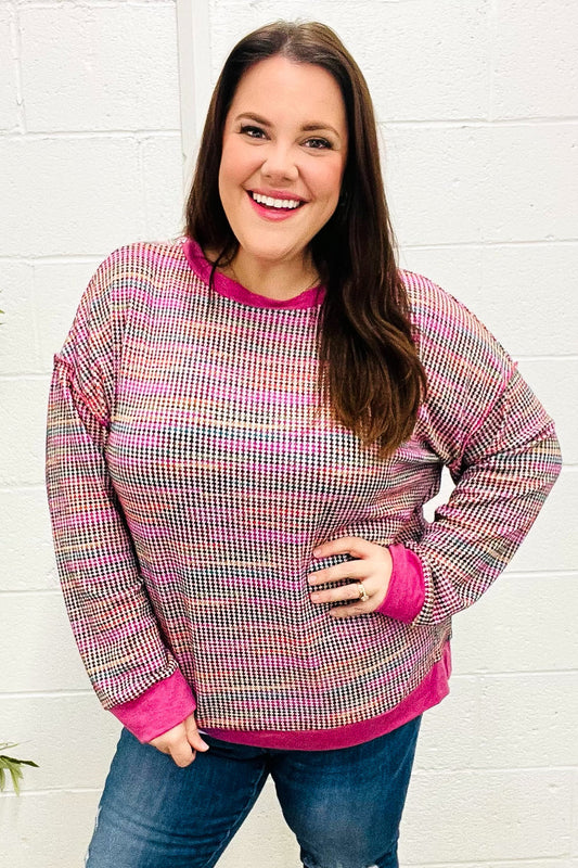 Olivia® | Bring Joy Magenta Multicolor Textured Waffle Knit Sweater