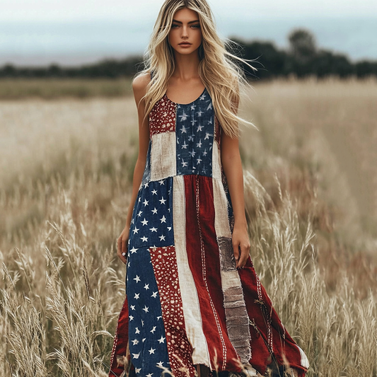 Women's Vintage Independence Day Patchwork Art Linen Tank Dress artswardrobe