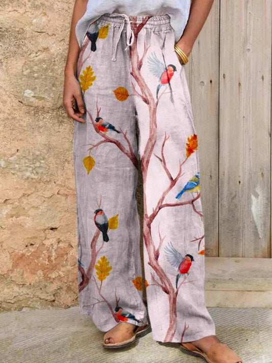 Women's Cute Bird Art Linen Wide Leg Pants artswardrobe