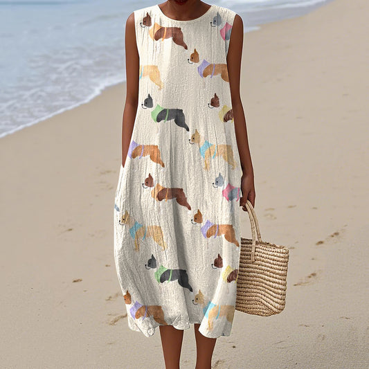Comstylish Retro Cute French Bulldog Art Linen Tank Midi Dress