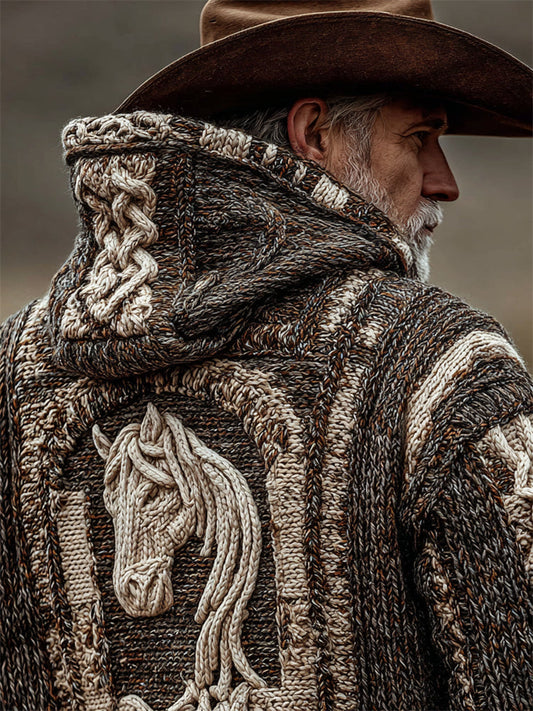 Men's Vintage Horse Crochet Celtic Cozy Chunky Hooded Cardigan elevenforest
