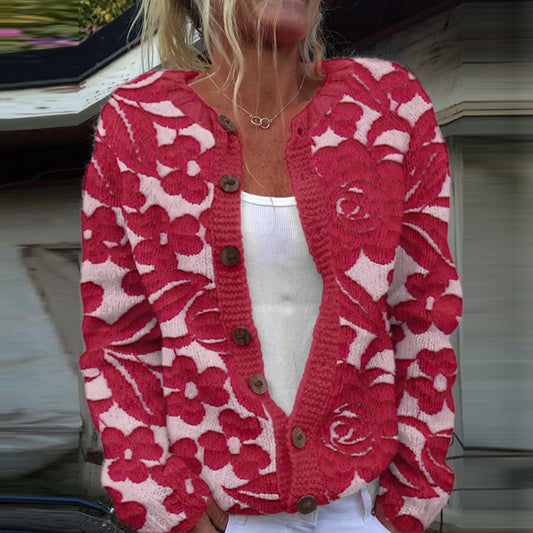 Rose Jacquard Women's Cardigan Knitted Sweater artswardrobe