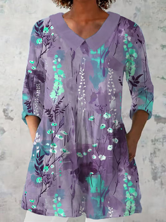 Comstylish Women's Artistic Floral Print Casual Lapel Shirt