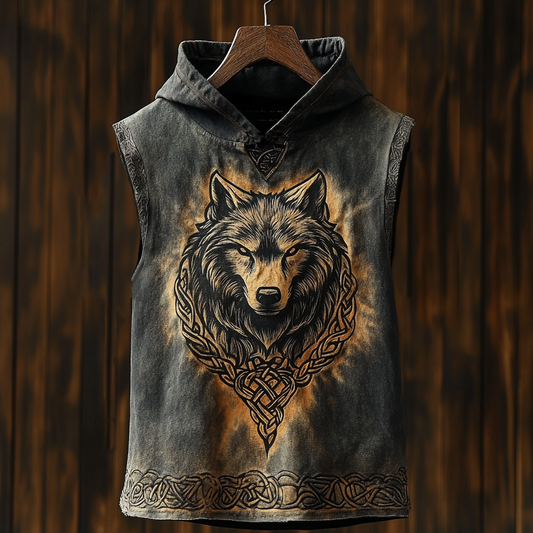 Men's Viking Wolf Head Celtic Mythology Distressed Hooded Tank Top artswardrobe
