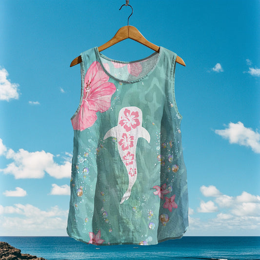 Women's Loose Sea ​​whale In Floral Linen Sleeveless Tank Top artswardrobe