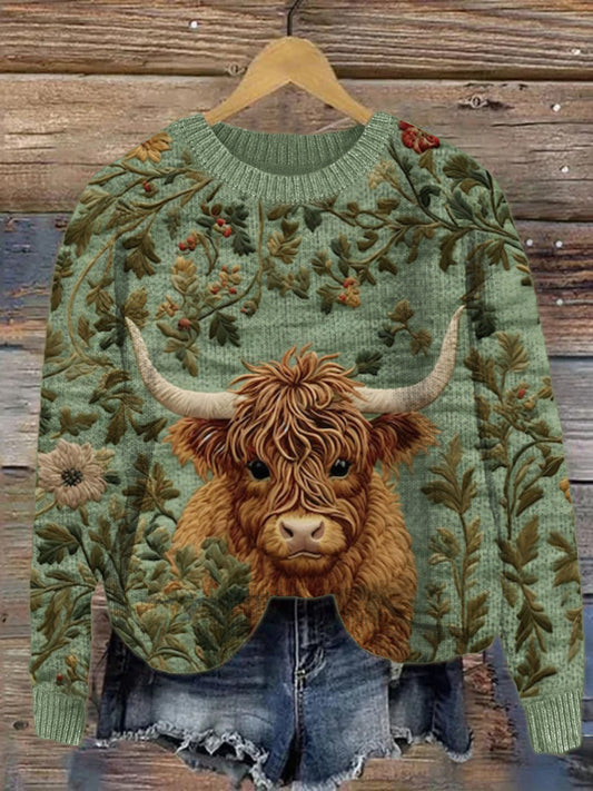 Highland Cow Floral Embroidery Cozy Knit Sweater artswardrobe