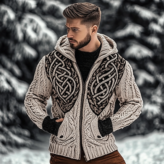 Men's Viking Tribal Jacquard Celtic Chunky Knit Zipper Cardigan elevenforest