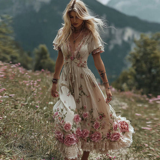 Women's Romantic Rose Embroidery Art Comfy Linen Maxi Dress artswardrobe