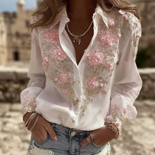 Comstylish Women's Floral Embroidery Art Long Sleeve Shirt