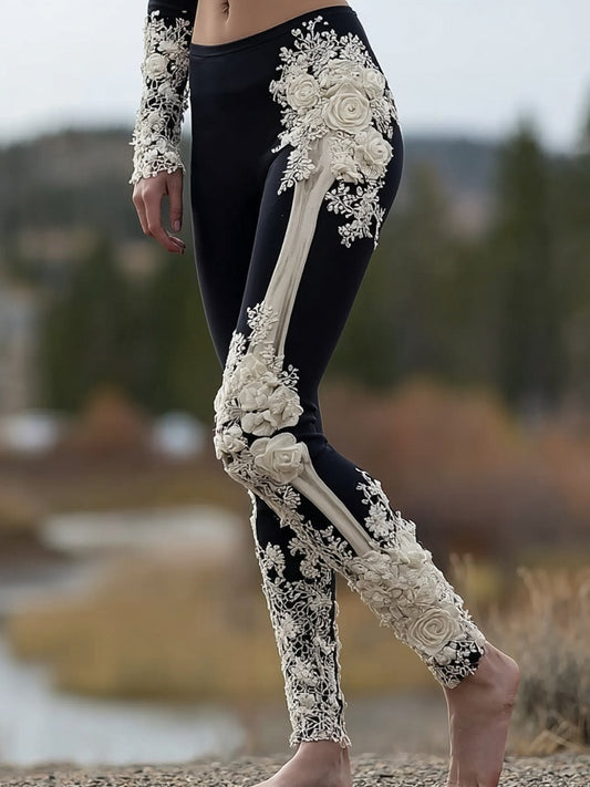 Comstylish Classy Skeleton Roses Embroidered Casual Leggings