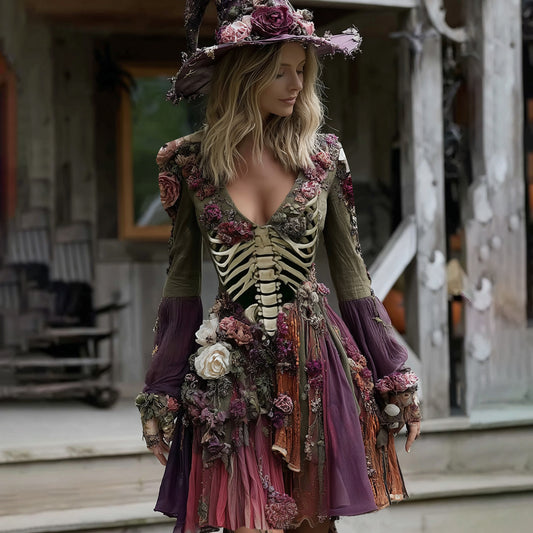 Comstylish Women's Halloween Rose And Skull Casual Midi Dress