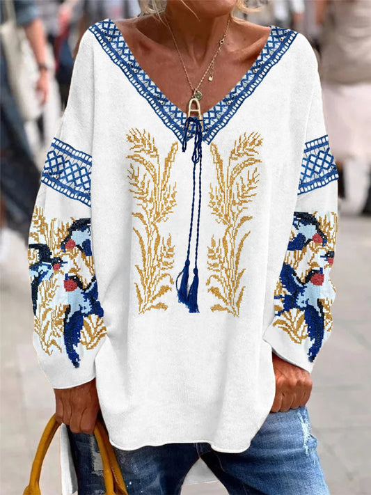 Comstylish Ukrainian Swallow & Wheat Fringe Embroidery Women's V-neck Shirt