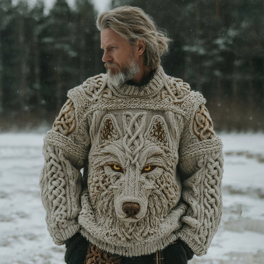 Men's Vintage Viking Celtic Knot Wolf Art Knit Pullover Sweater artswardrobe
