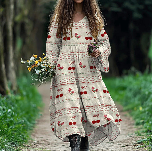 Women's Vintage Floral Cherry Art Long Sleeve Dress artswardrobe
