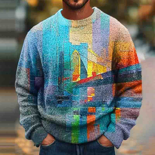 Men's Vintage Oil Painting Color Block Art Knitted Crew Neck Sweater elevenforest
