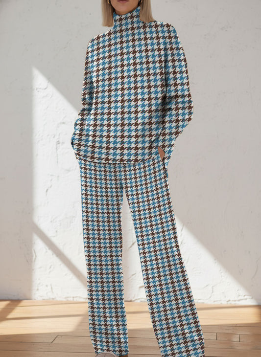 Colorful Houndstooth Decorative Pattern Casual Stand Collar Long Sleeve Top And Casual Long Pants