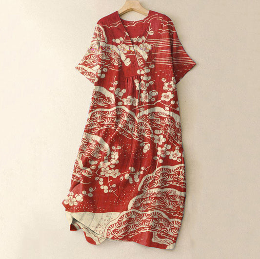 Comstylish Vintage Japanese Floral Art Printed Casual Midi Dress