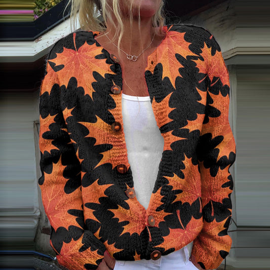 Maple Leaf Print Long Sleeved Casual Knitted Cardigan artswardrobe