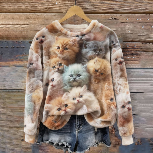 Comstylish Women's Cute Cat Print Crew Neck Cozy Flannel Sweatshirt