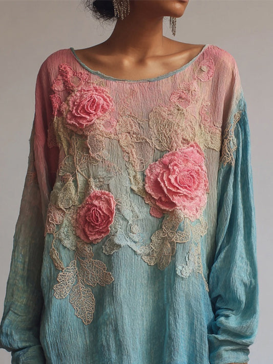 Vintage Pink Lace Rose Embroidered Gradient Linen Tunic artswardrobe