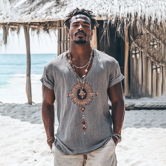 Bohemian Tribal Embroidery Print Art Painting Linen Casual V-neck T-shirt artswardrobe