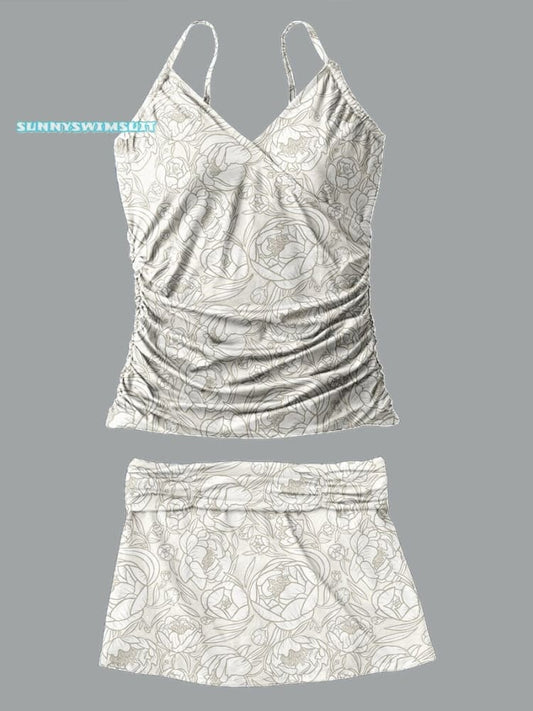 V-Neck Light Grey Vintage Peony Flower Print Suspender Skirt Tankini Pantskirt Set Swimsuit