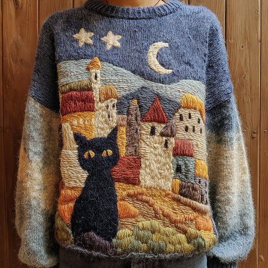 Fairytale Cottage With Cute Black Cat Inspired Embroidered Cozy Knit Sweater elevenforest