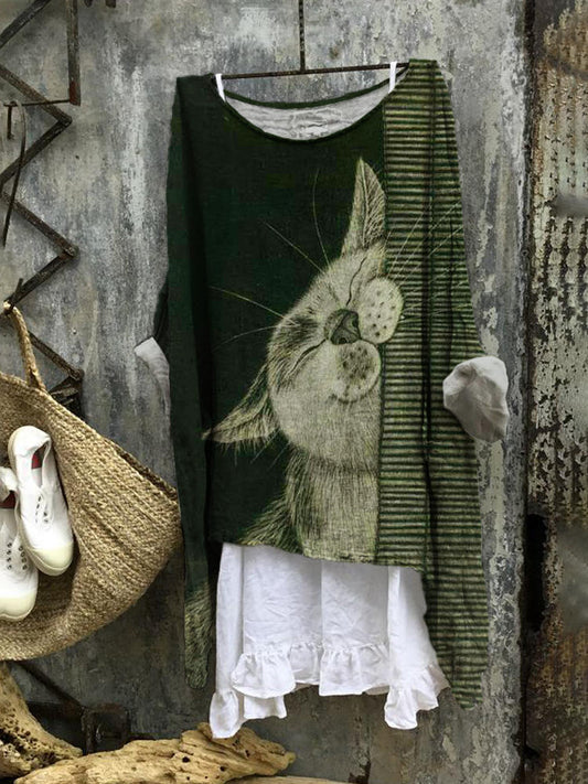 Comstylish Slouchy Cat Stripe Pattern Vintage Linen Loose Long Tunic
