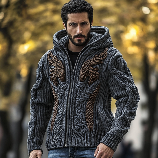 Men's Viking Dragon Style Celtic Thick Zip Hooded Sweater elevenforest