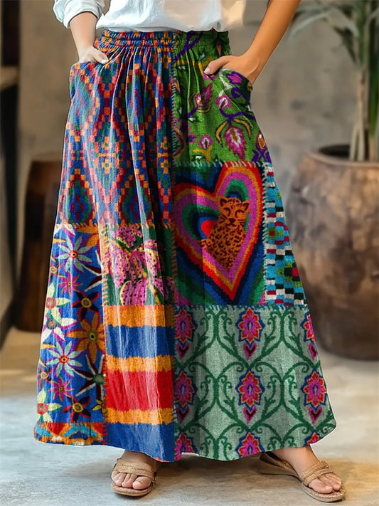 Women's Vintage Floral Patchwork Art Print Cotton Skirt artswardrobe