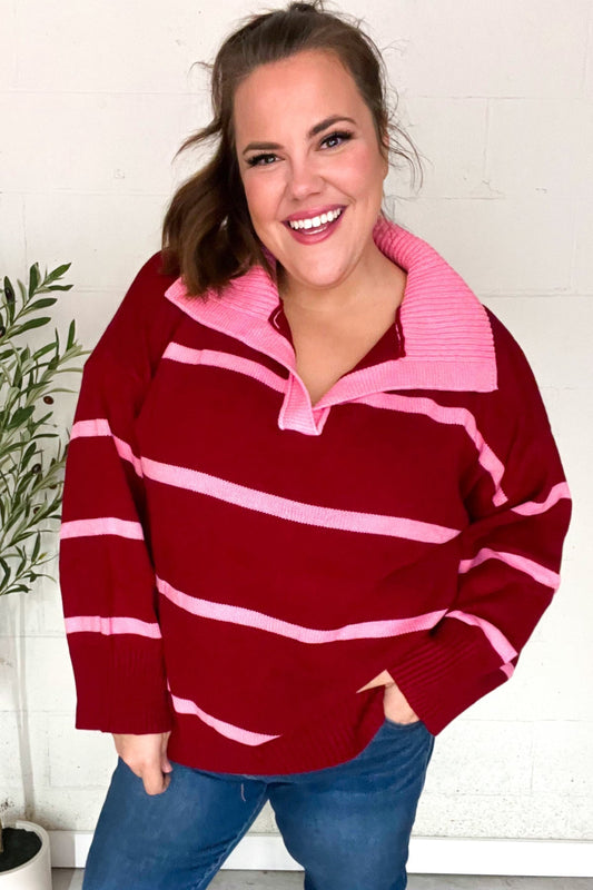 Frieda® | Fall For You oversized sweater with notched collar and crimson stripes