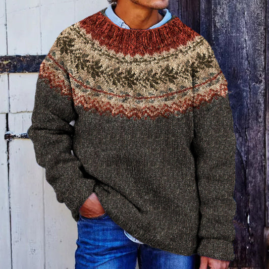 Men's Contrast Jacquard Icelandic Pattern Art Cozy Knit Sweater elevenforest