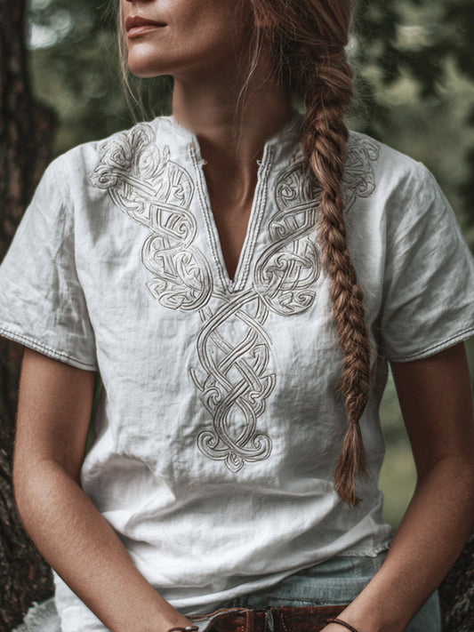 Viking Pattern V-neck Short-sleeved Shirt artswardrobe
