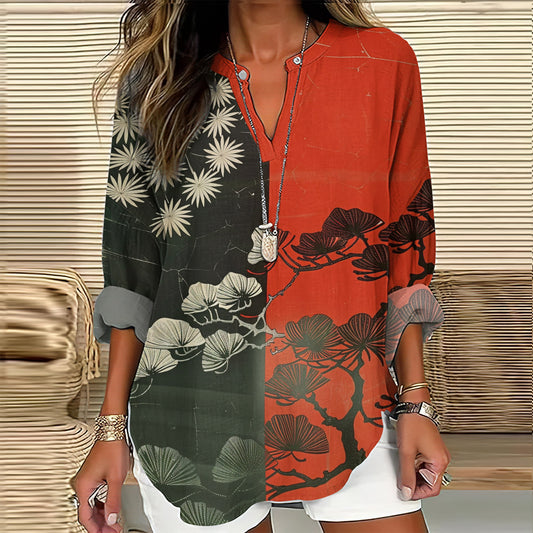 Comstylish Japanese Art Pine Print V-Neck Loose Blouse