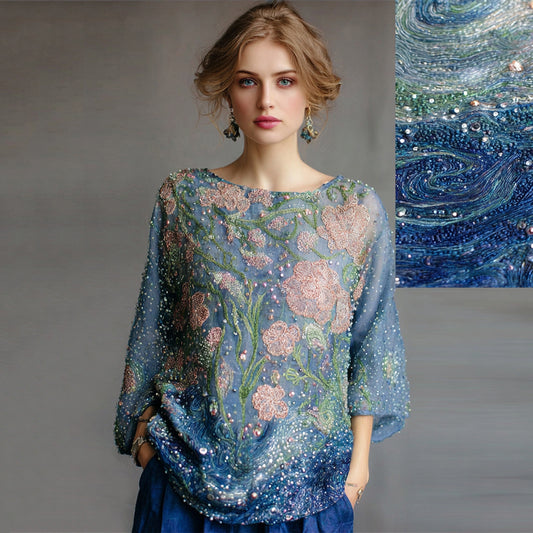 Women's Oil Painting Floral Contrast Color Sequined T-shirt artswardrobe