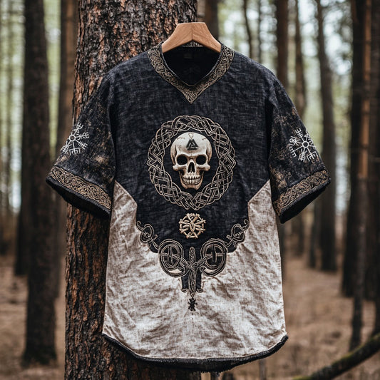 Men's Viking Tribal Skull Runes Embroidery Art Linen Crew Neck T Shirt artswardrobe