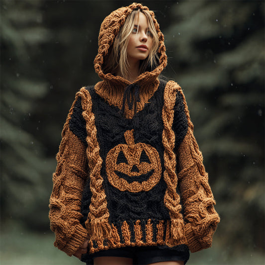 Halloween Pumpkin Light Emoji Women's Chunky Knit Hooded Sweater elevenforest