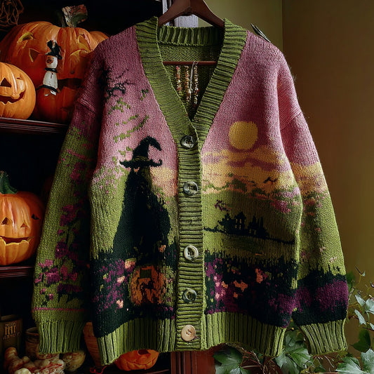 Comstylish Halloween Witch Pattern Knitted Warm Sweater Cardigan