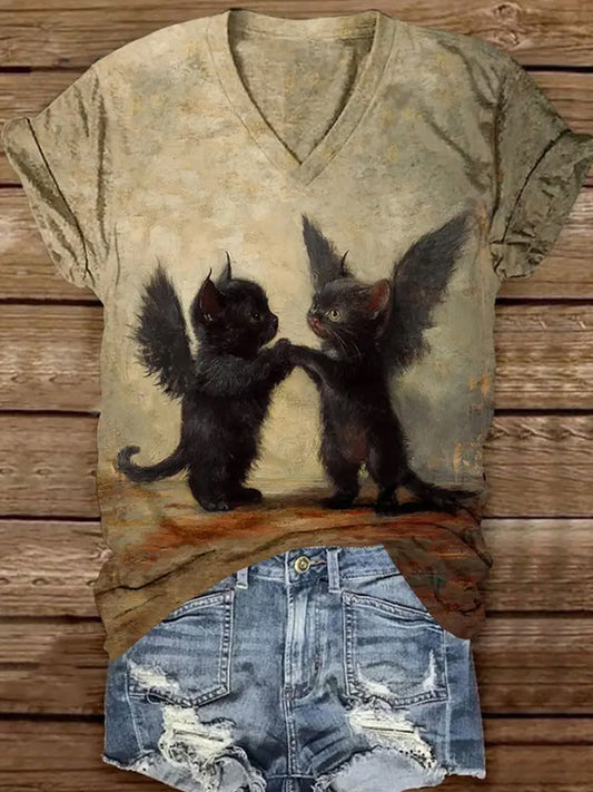 Women's Black Cat Art Print Casual T-shirt elevenforest