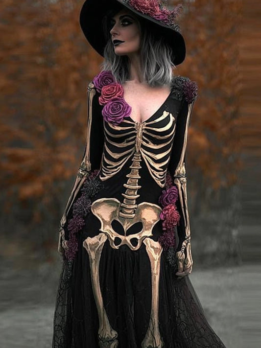 Comstylish Women's Halloween Human Anatomy And Flower Black Long Sleeve Long Dress