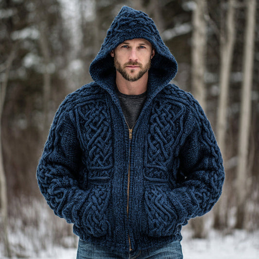 Men's Vintage Fairman Island Celtic Knot Art Jacquard Thick Warm Zip Hooded Sweater Cardigan elevenforest