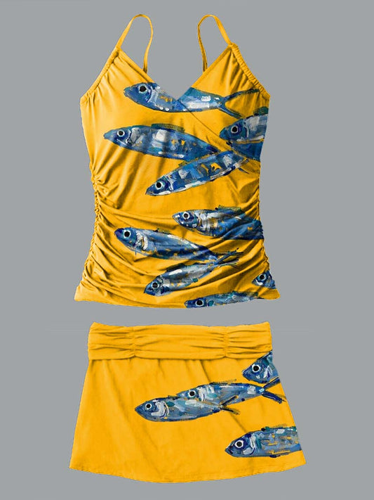V-Neck Yellow Ocean Fish Art Print Suspender Skirt Tankini Pantskirt Set Swimsuit