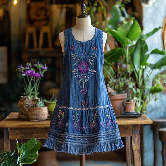 Vintage Bohemian Floral Embroidery Linen Mini Dress artswardrobe