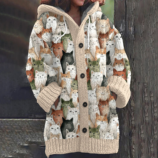 Comstylish Colorful Cat Pattern Cozy Hooded Knit Sweater