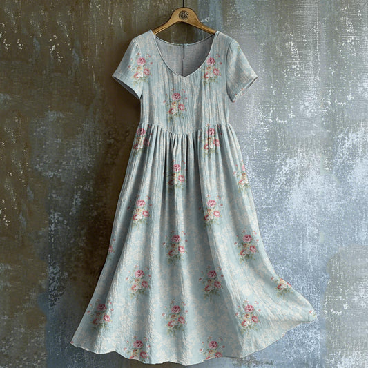 Women's Vintage Rose Print V-neck Short Sleeve Midi Dress artswardrobe