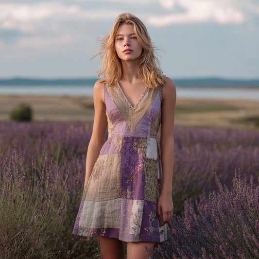 Vintage Cottagecore Purple Floral Patchwork Linen Mini Dress artswardrobe