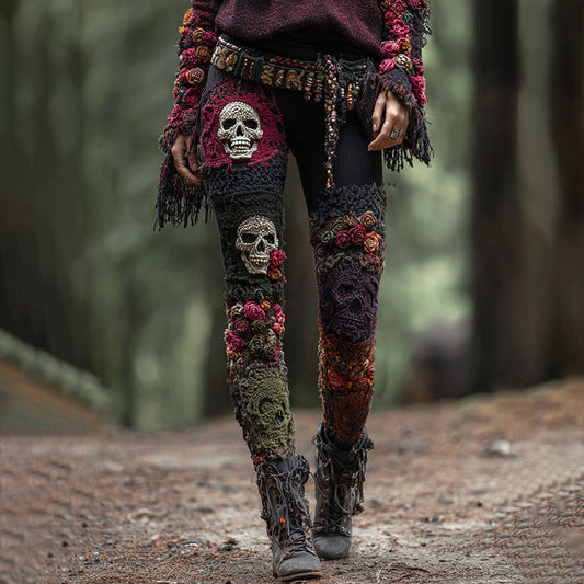 Comstylish Rose And Skull Gothic Wool Patchwork Print Leggings
