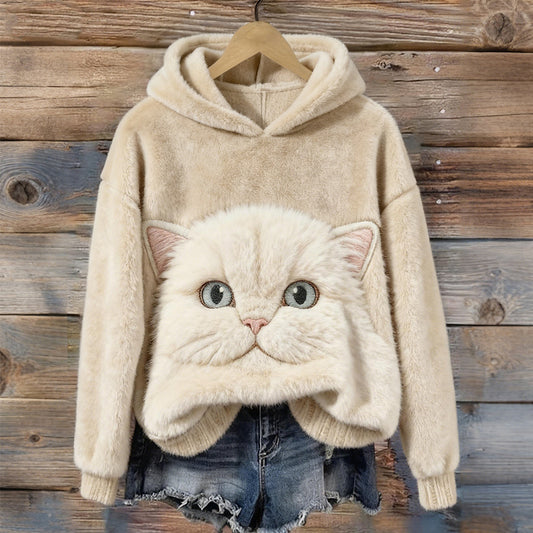 Comstylish Cute Fuzzy Cat Embroidered Cozy Plush Hoodie