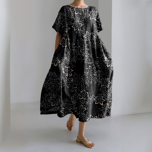 Comstylish Vintage Japanese Traditional Sashiko Floral Art Printed Crew Neck Casual Midi Dress