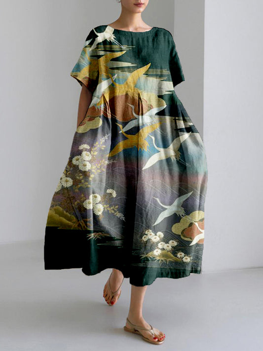 Comstylish Vintage Cranes Japanese Art Linen Blend Maxi Dress